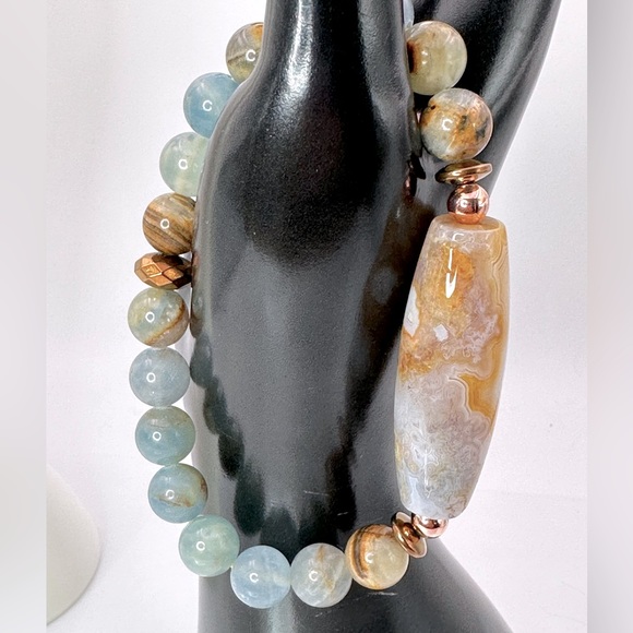 ISHI BRACELETS Jewelry - LEMURIAN AQUATINE + OCEAN JASPER NATURAL STONES BRACELET size 8”